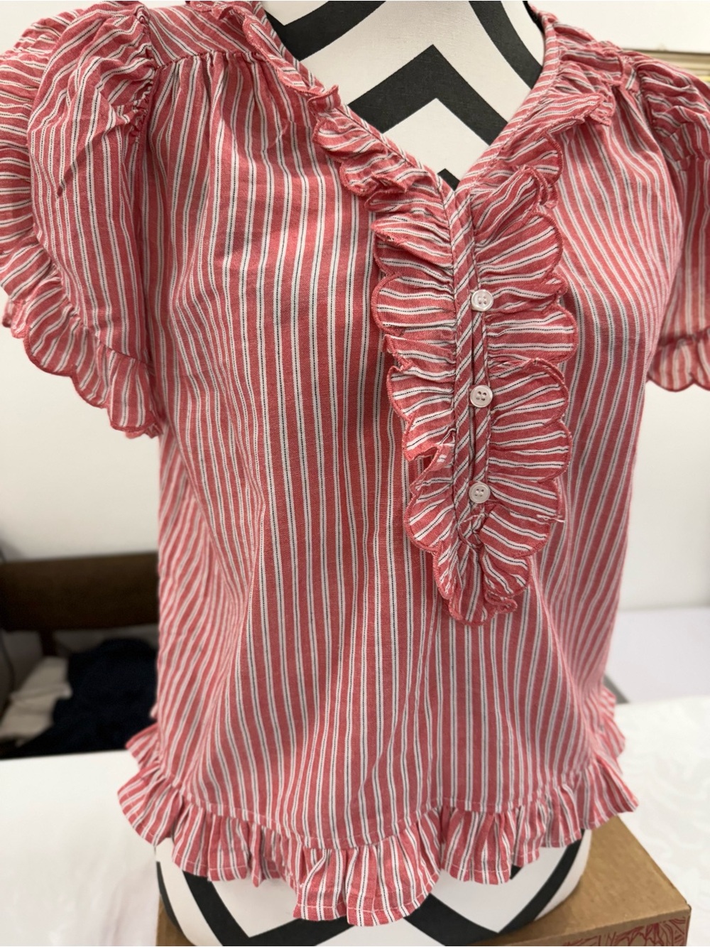 Maeve Red & White Striped Ruffle Button-Front Top - Picture 2 of 6